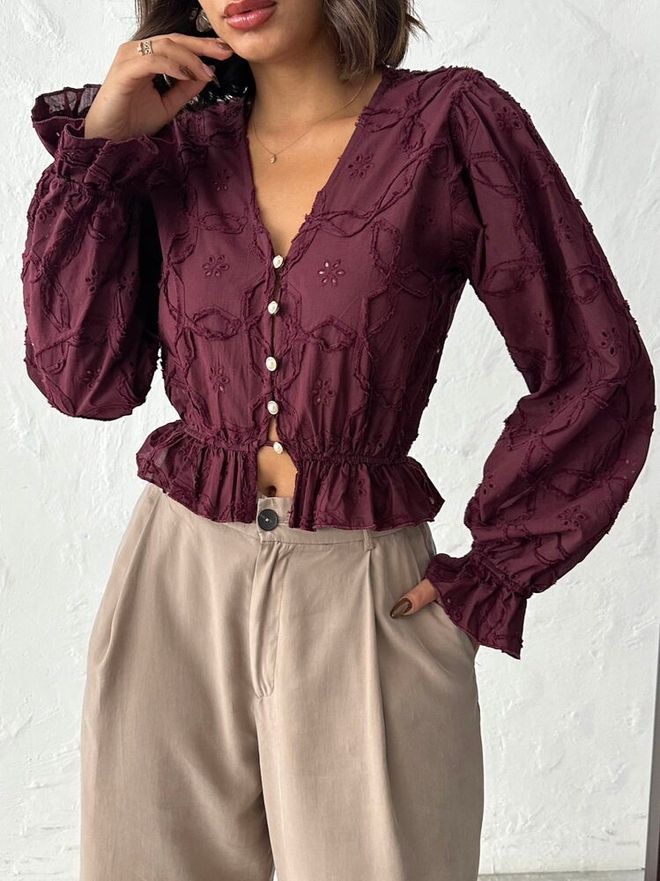 Topshow Blusa Ricamata Con Bottoni Bordeaux Abbigliamento all'ingrosso 3