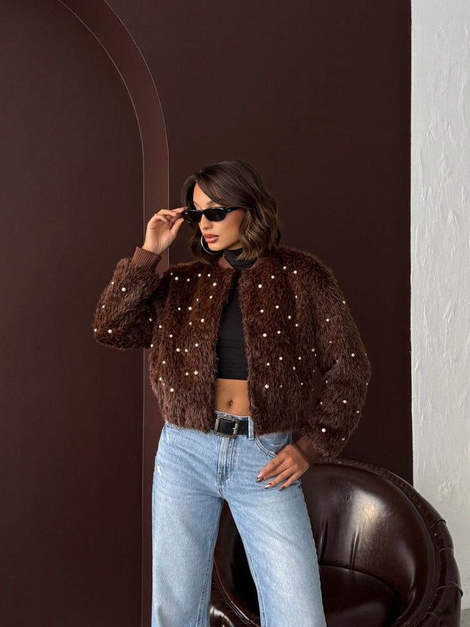 Topshow Brown Oversized Bomber Jacket With Buttoned Closure Wholesale Clothing 1