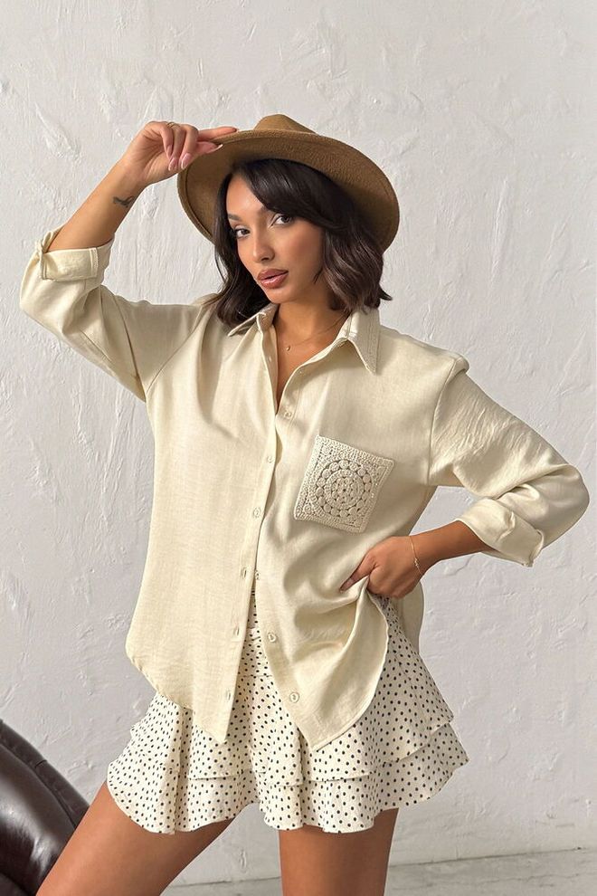 Topshow Bej Günlük Boho Vintage Gömlek Toptan Giyim Gündelik