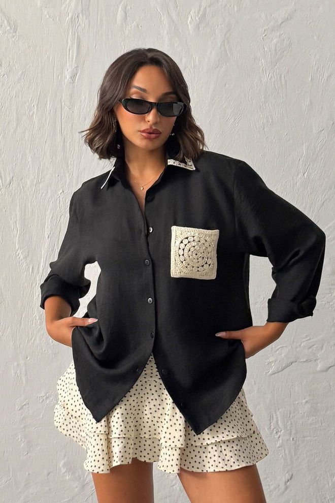 Topshow Siyah Oversize Günlük Gömlek Polo Yaka İle Toptan Giyim Gündelik