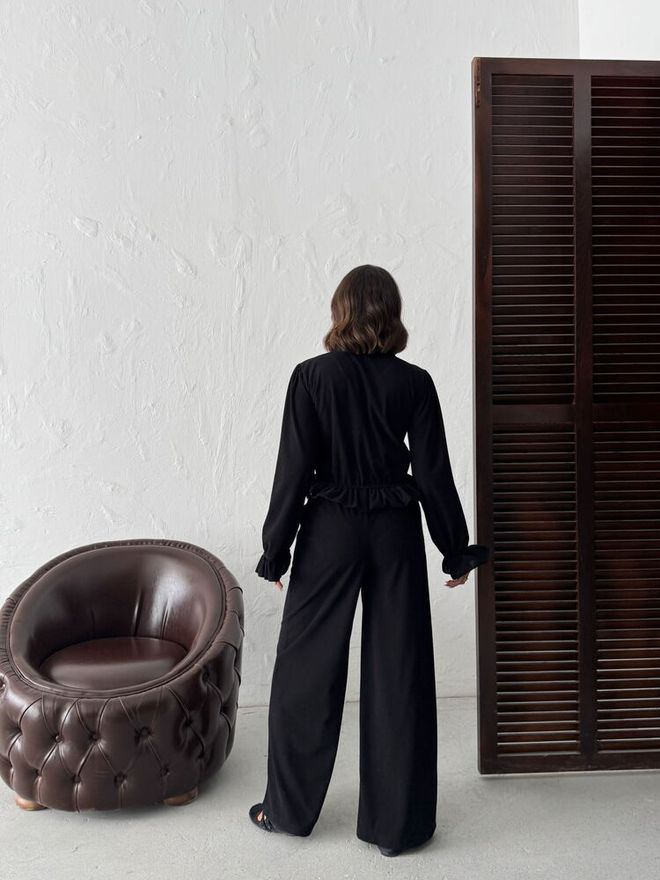 Topshow Calças Palazzo Pretas Perna Larga Cintura Alta Cordão Roupas por atacado Roupa de rua