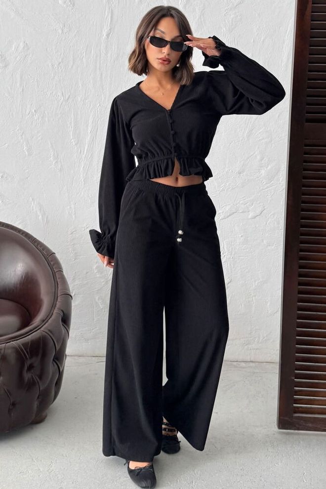 Topshow Pantalon Palazzo Noir Large À Taille Haute Et Cordon Vêtements en gros Décontracté