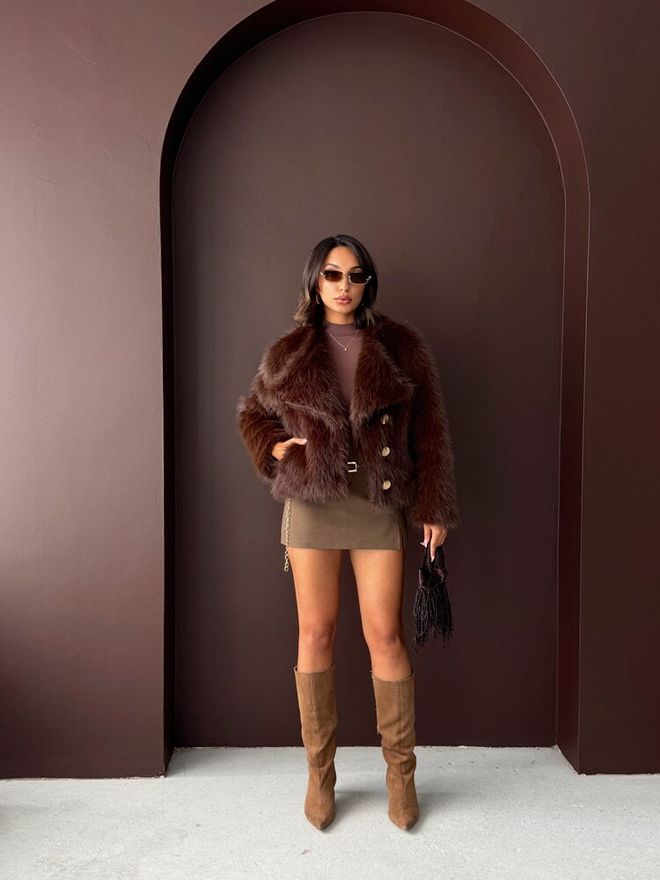 Topshow Brown Fur Jacket With Notched Collar Wholesale Clothing 1