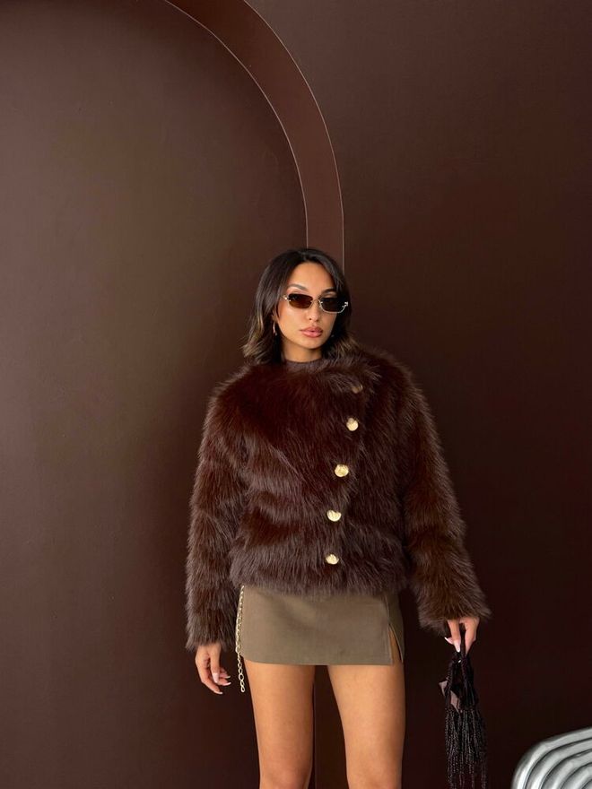 Topshow Brown Fur Jacket With Notched Collar Wholesale Clothing Work