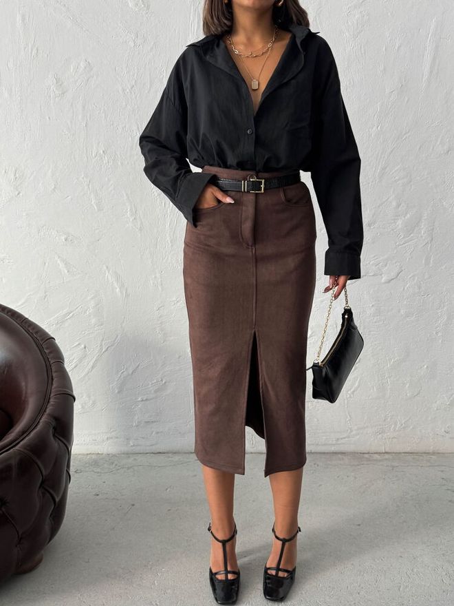 Topshow Elegancka Brązowa Ołówkowa Spódnica Midi Z Wysokim Stanem Hurtowa sprzedaż odzieży Praca