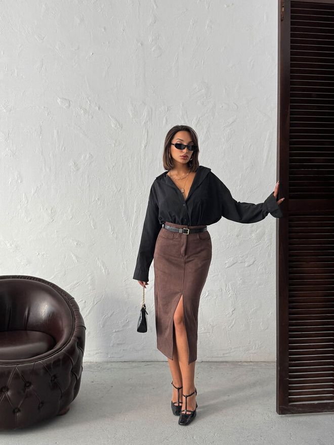 Topshow Elegancka Brązowa Ołówkowa Spódnica Midi Z Wysokim Stanem Hurtowa sprzedaż odzieży 1