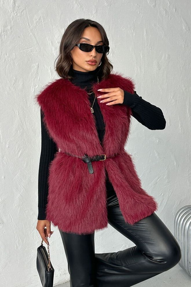 Topshow Blouson Rouge Bordeaux Veste Sans Manches Élégante Avec Col En V Vêtements en gros Décontracté