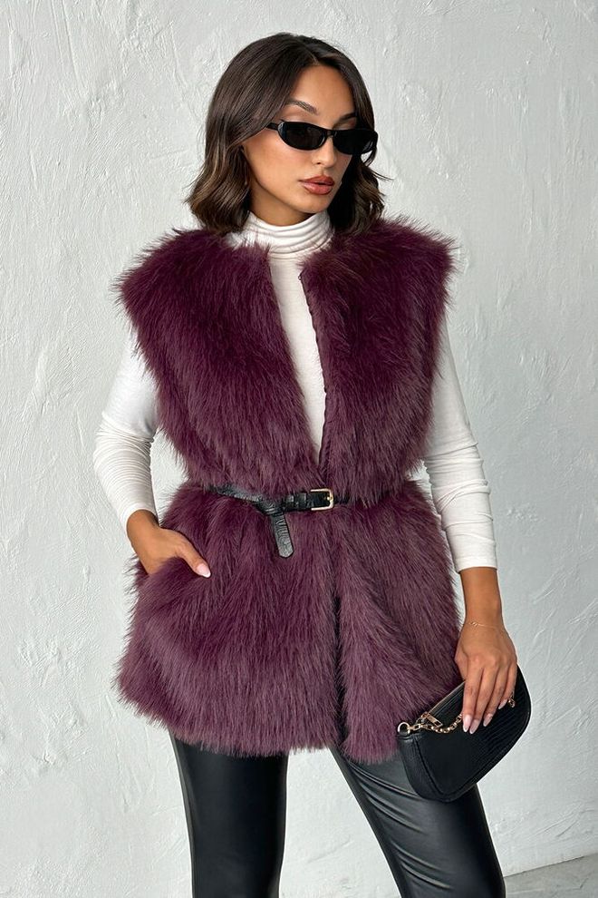 Topshow Rouge Bordeaux Élégant Glam Blouson Sans Manches Avec Cravate Vêtements en gros Décontracté