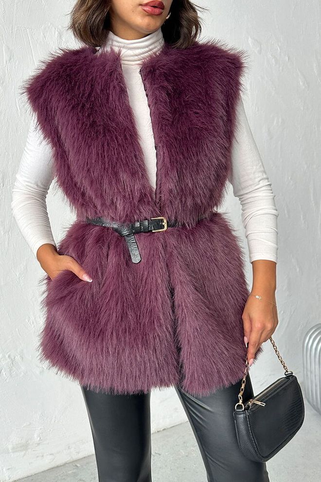 Topshow أرجواني داكن السترة الأنيقة الجلام بلا أكمام مع رابطة ملابس بالجملة عمل