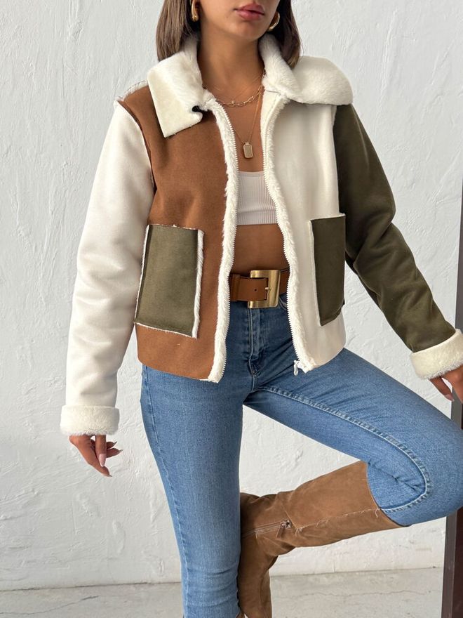 Topshow Jaqueta Shacket Castanha Com Fecho De Correr Roupas por atacado Outono