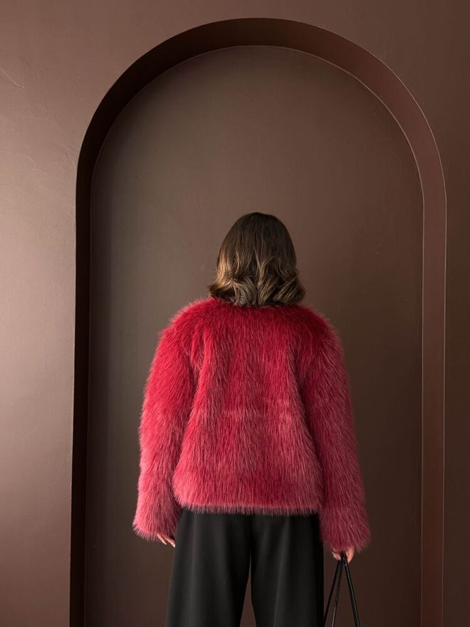 Topshow Claret Red Fur Elegant Buttoned Long Sleeve Jacket Wholesale Clothing Vintage