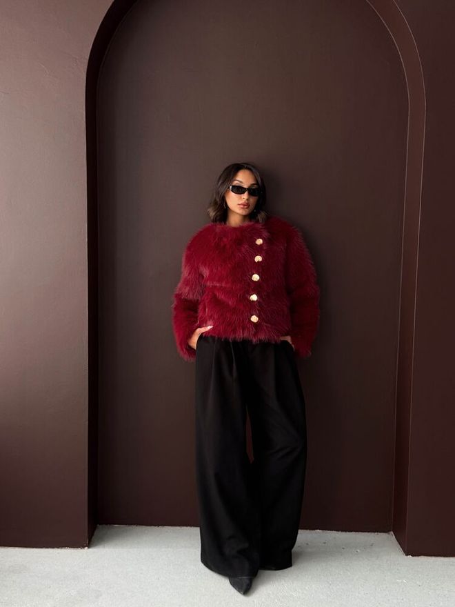 Topshow Claret Red Fur Elegant Buttoned Long Sleeve Jacket Wholesale Clothing 1