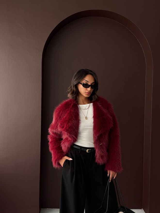 Topshow Claret Red Fur Elegant Buttoned Long Sleeve Jacket Wholesale Clothing Work
