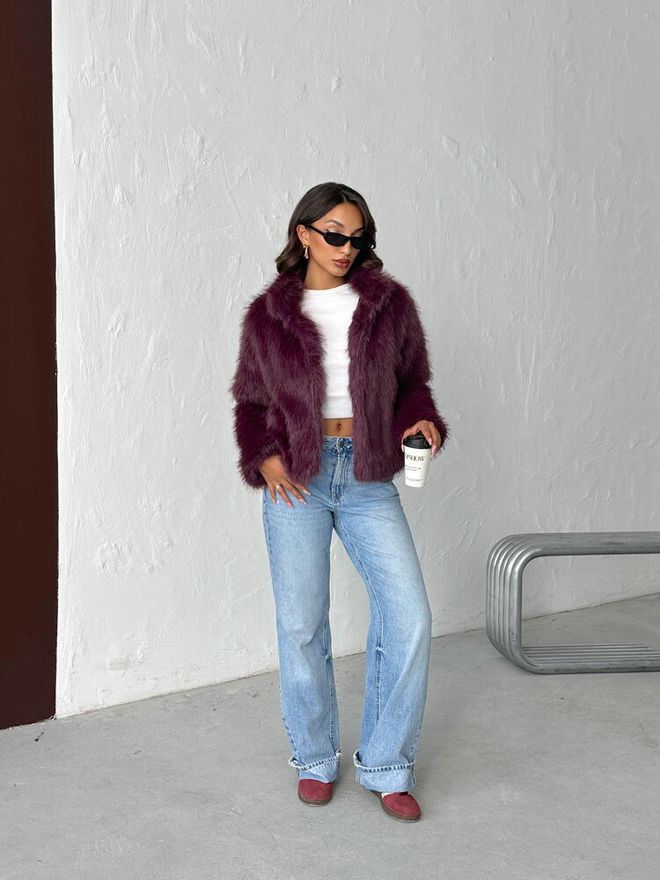 Topshow Purple Fur Jacket With Notched Collar Wholesale Clothing 1