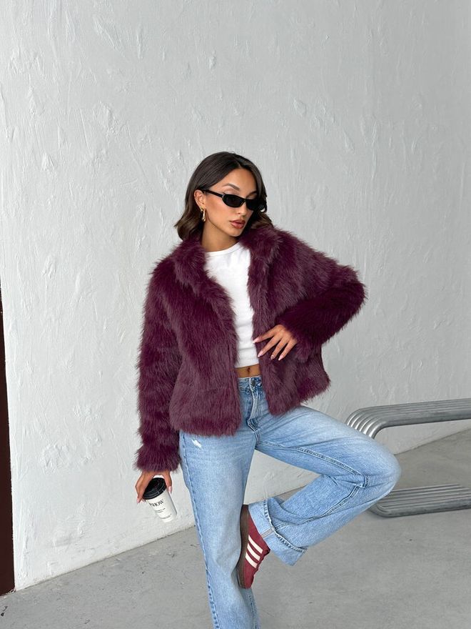 Topshow Purple Fur Jacket With Notched Collar Wholesale Clothing Fall