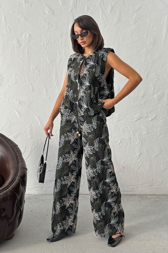 Topshow Siyah Boho Günlük Palazzo Pantolon Toptan Giyim Gündelik