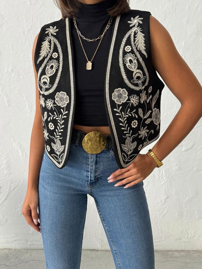 Topshow Μαύρο Φλοράλ Boho Αμάνικο Μπλουζάκι Χονδρικό εμπόριο ενδυμάτων Σαλόνι
