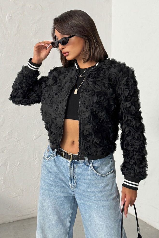 Topshow Μαύρο Bomber Μπουφάν Με Floral Σχέδιο Χονδρικό εμπόριο ενδυμάτων Casual