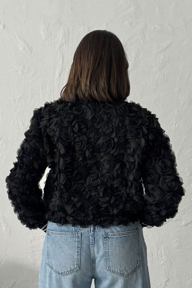 Topshow Black Bomber Jacket With Floral Pattern Wholesale Clothing Spring