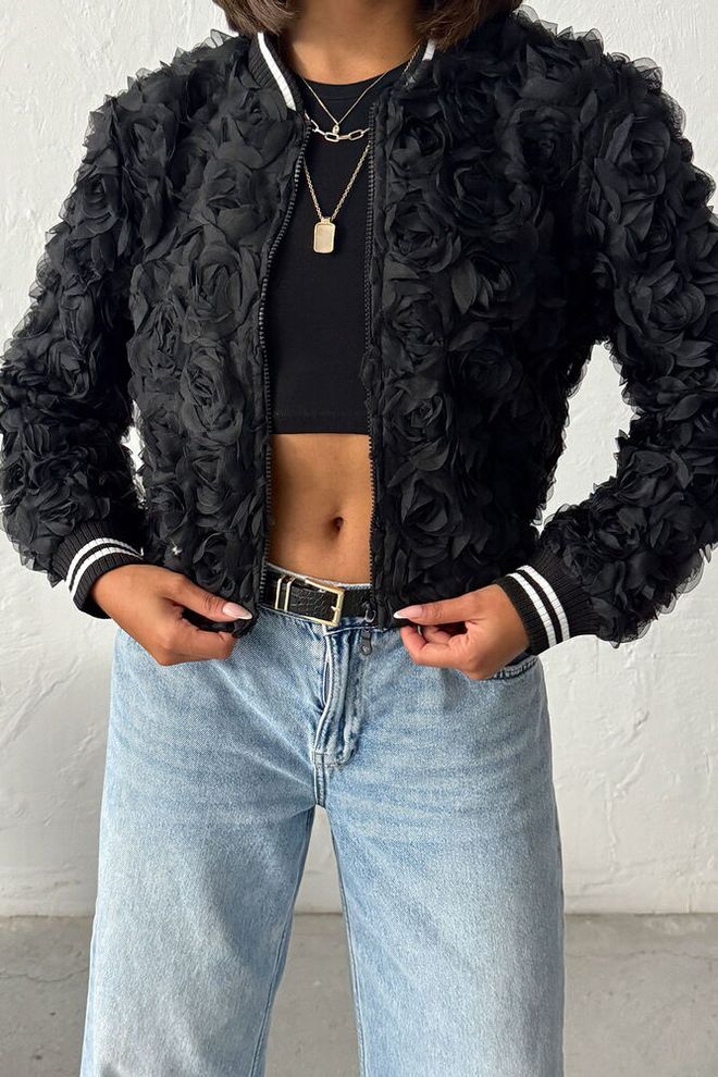Topshow Black Bomber Jacket With Floral Pattern Wholesale Clothing Lounge