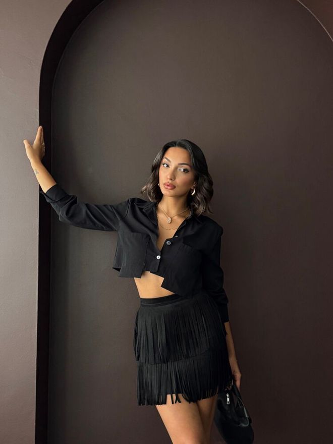 Topshow Črna Mini Krilo Z Visokim Pasom In Plastmi Oblačila na debelo 1