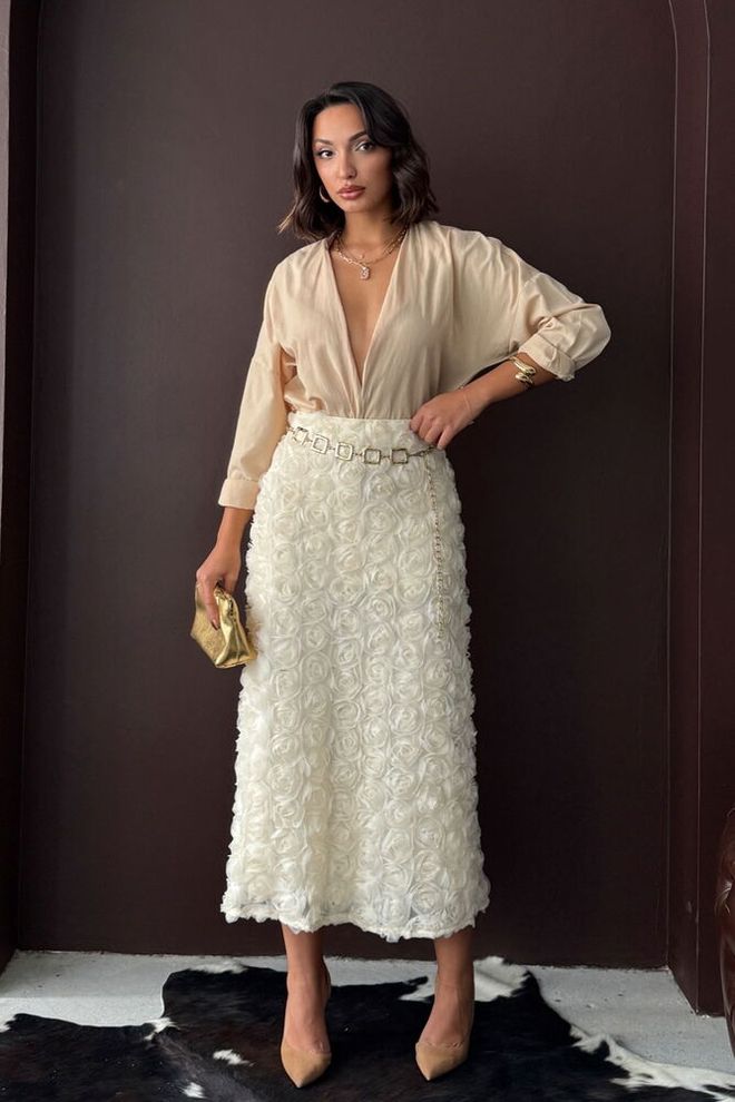 Topshow Saia Elegante Branca Linha A Midi Cintura Alta Só Puxar Roupas por atacado Vintage