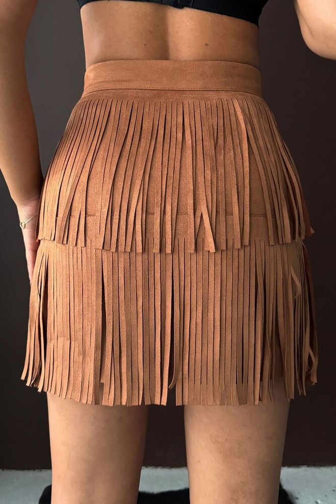 Topshow Brown Boho Layered Mini Skirt High Waist Wholesale Clothing Work