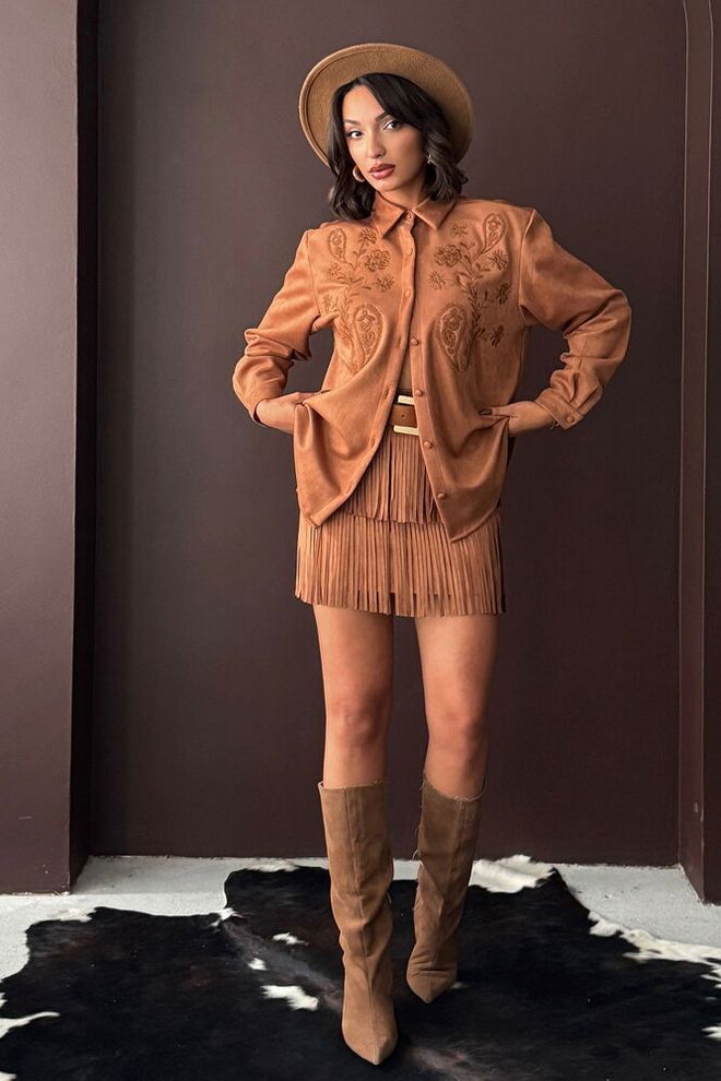 Topshow Brown Boho Layered Mini Skirt High Waist Wholesale Clothing Spring