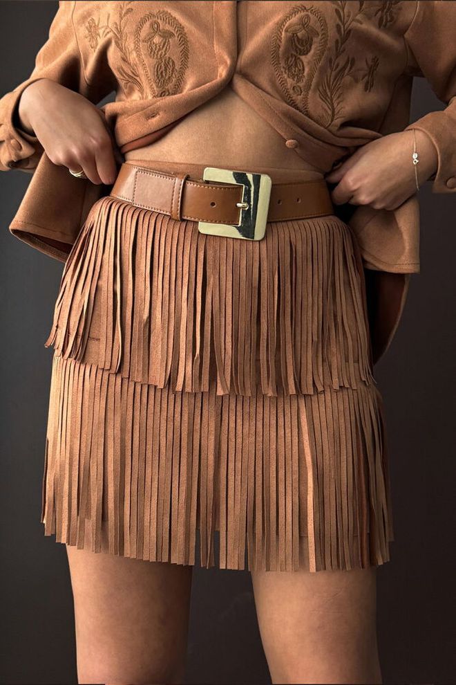 Topshow Brown Boho Layered Mini Skirt High Waist Wholesale Clothing 1
