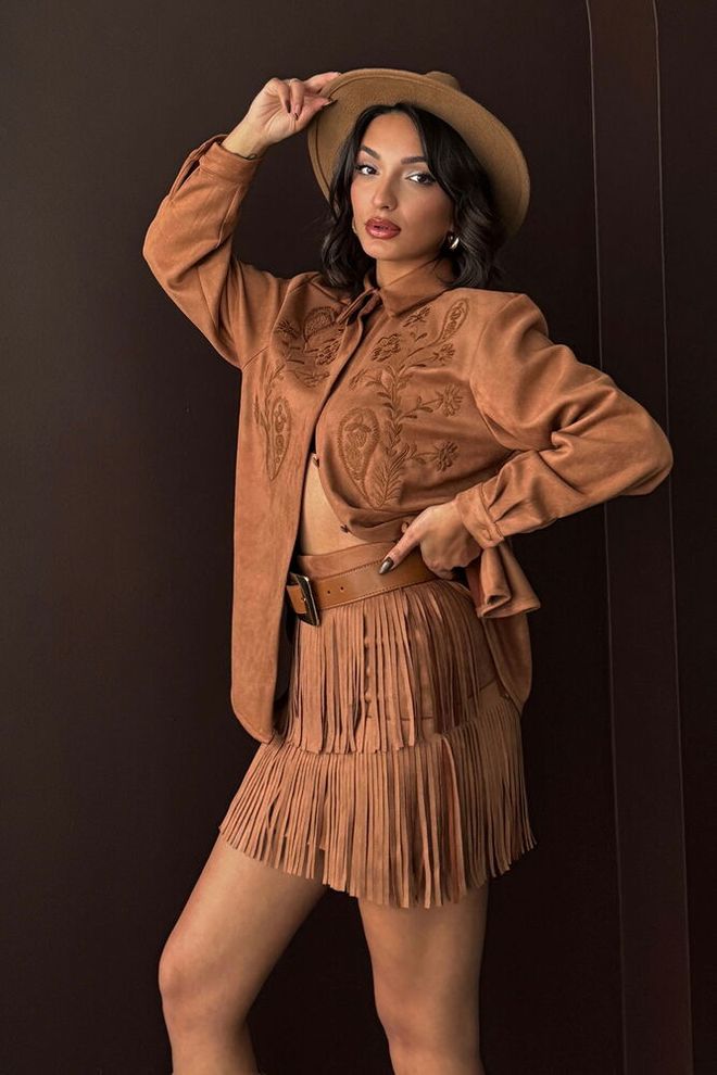 Topshow Saia Castanha Boho Mini Com Camadas Cintura Alta Roupas por atacado Casual