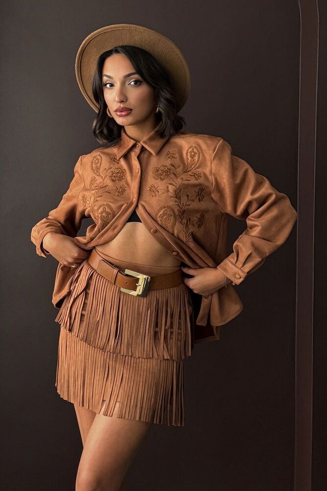 Topshow Brown Boho Layered Mini Skirt High Waist Wholesale Clothing Boho