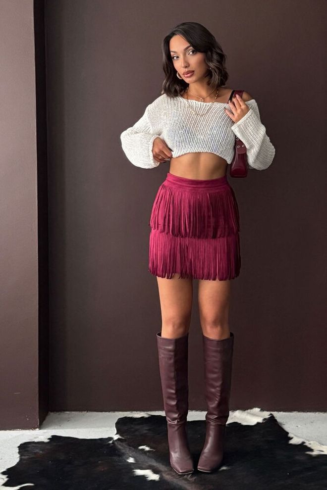 Topshow Saia Vermelho Clarete Mini Com Camadas Cintura Alta Roupas por atacado Casual