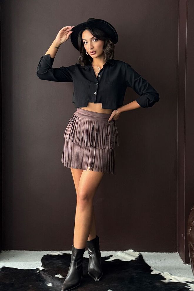 Topshow Saia Mini Castanha Com Camadas Cintura Alta Sem Bolso Roupas por atacado Casual