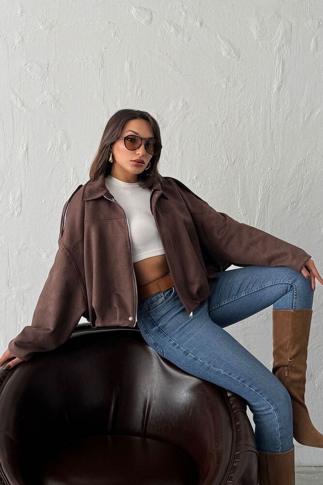 Topshow Bruine Jas Overhemd Met Snapsluiting En Puntkraag Groothandel Kleding Casual