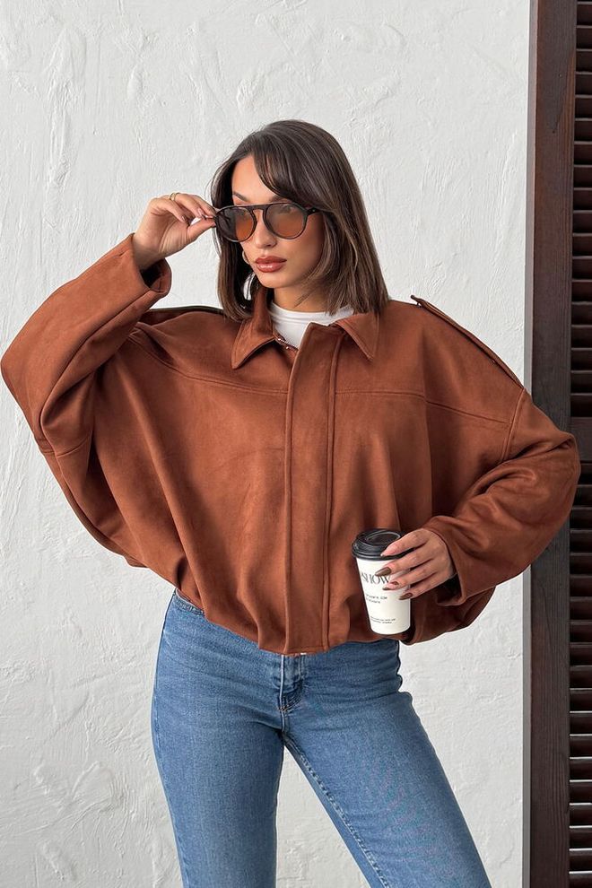 Topshow Jas Van Scuba Suede Taba Groothandel Kleding Casual