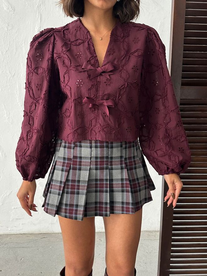 Topshow Bordo Bluz Uzun Balon Kollu Toptan Giyim Bahar
