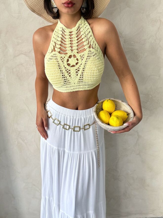 Topshow Corpete Boho Bege Com Decote Halter E Mangas Japonesas Roupas por atacado Primavera