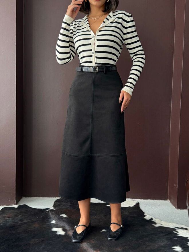 Topshow Black A Line High Waist Midi Skirt Wholesale Clothing Work