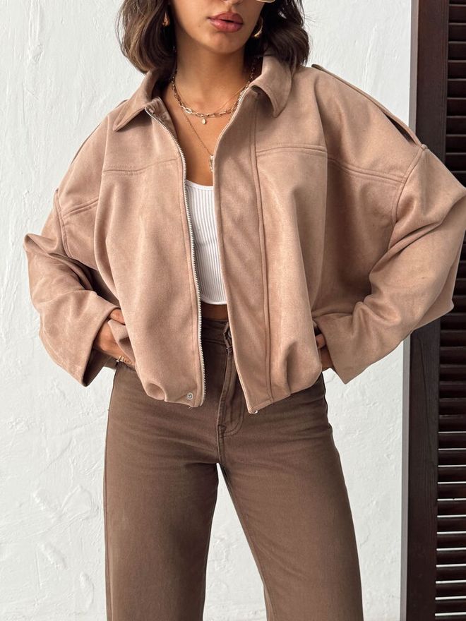 Topshow Jaqueta Sobrecamisa Bege Com Colar De Pontas Roupas por atacado Primavera