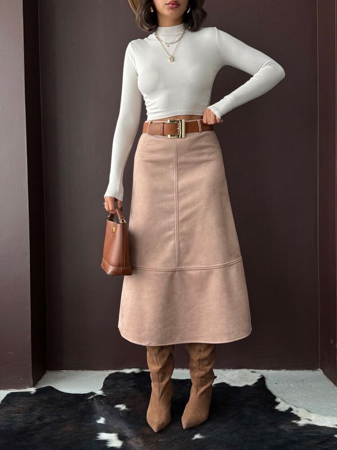 Topshow Beige A Line Midi Skirt With High Waist Wholesale Clothing Lounge