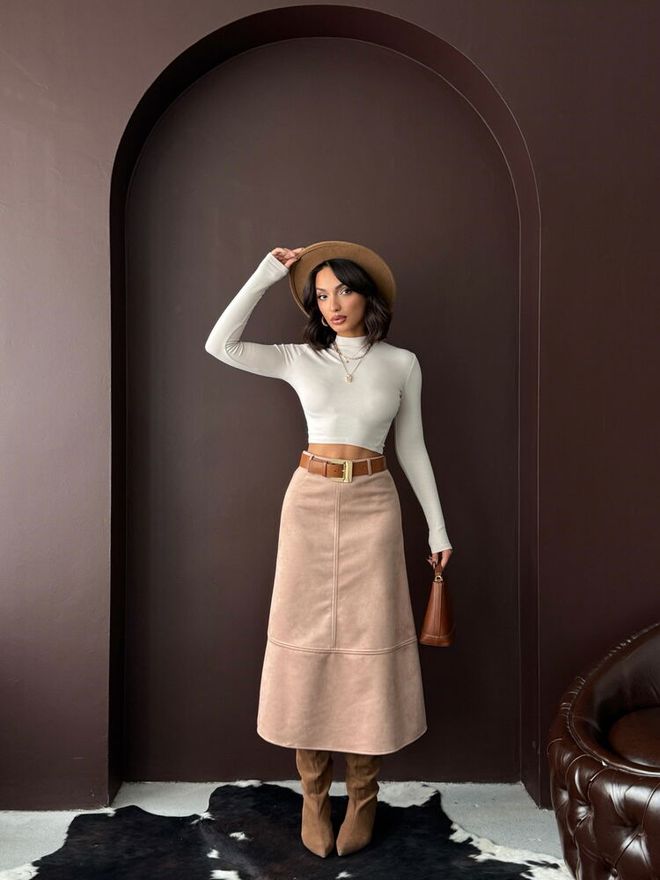 Topshow Beige A Line Midi Skirt With High Waist Wholesale Clothing 1