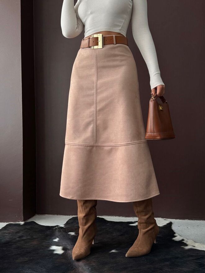 Topshow Beige A Line Midi Skirt With High Waist Wholesale Clothing Spring