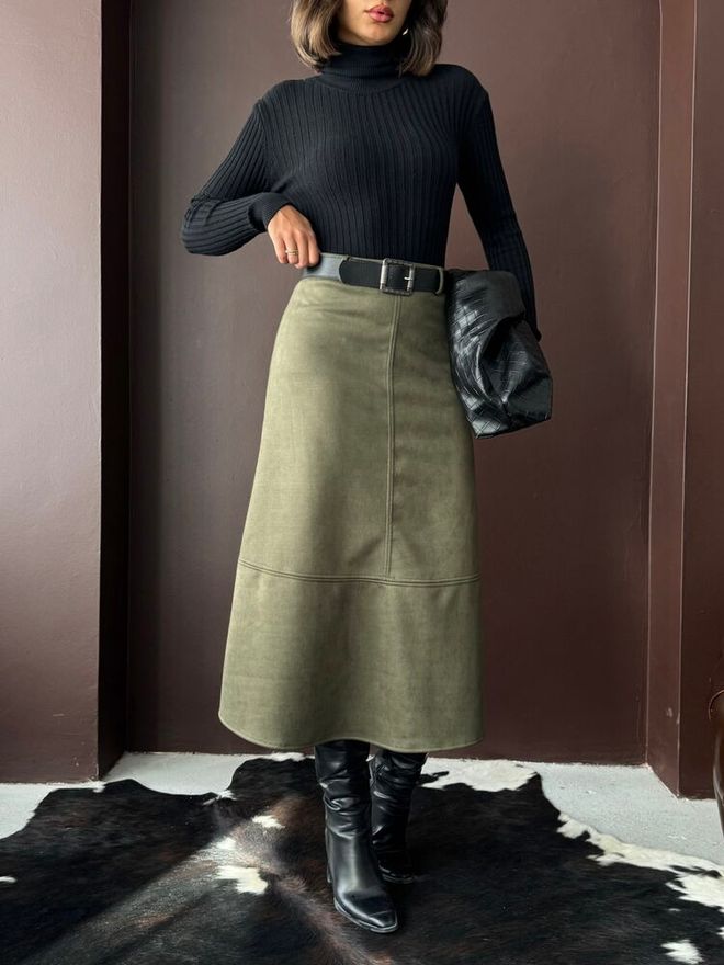 Topshow Khaki Flared Midi Skirt High Waist Zip Up Wholesale Clothing Work