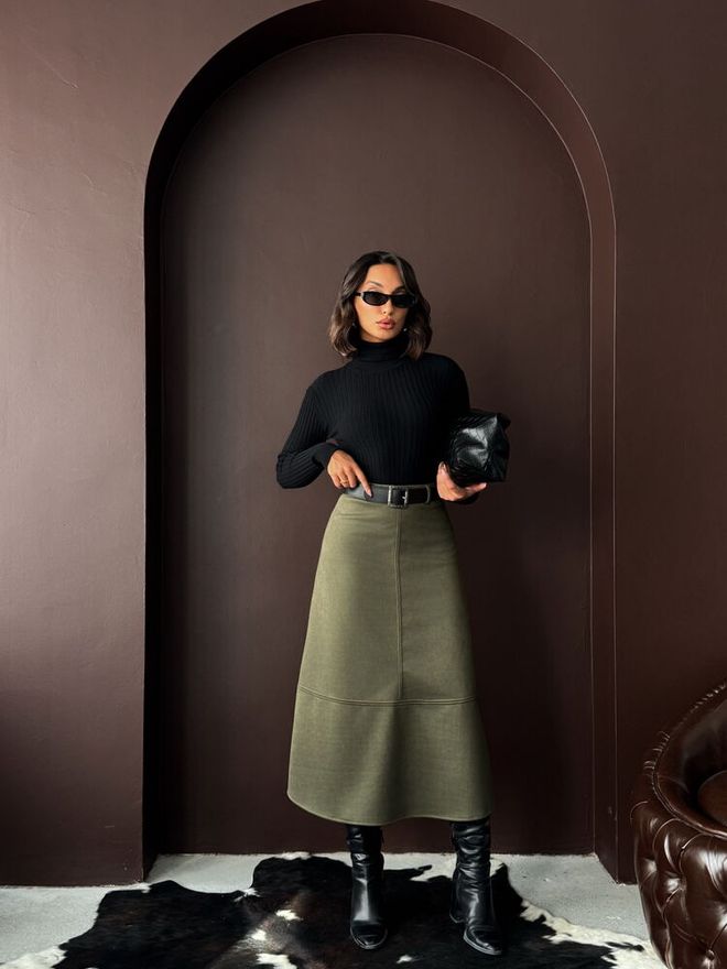 Topshow Khaki Flared Midi Skirt High Waist Zip Up Wholesale Clothing 1