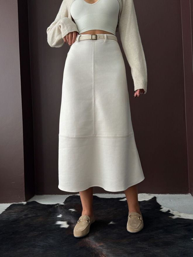Topshow Beige Elegant Flared Midi High Waist Skirt Wholesale Clothing Spring