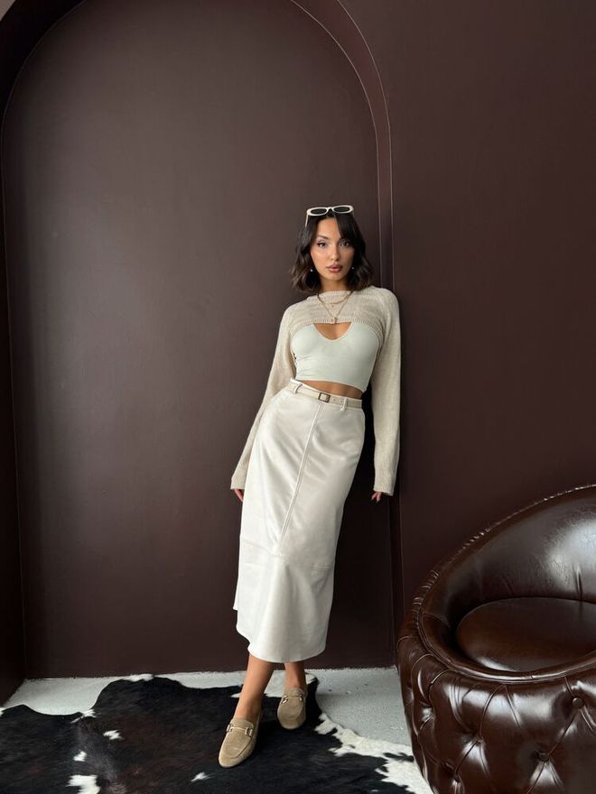 Topshow Beige Elegant Flared Midi High Waist Skirt Wholesale Clothing Lounge