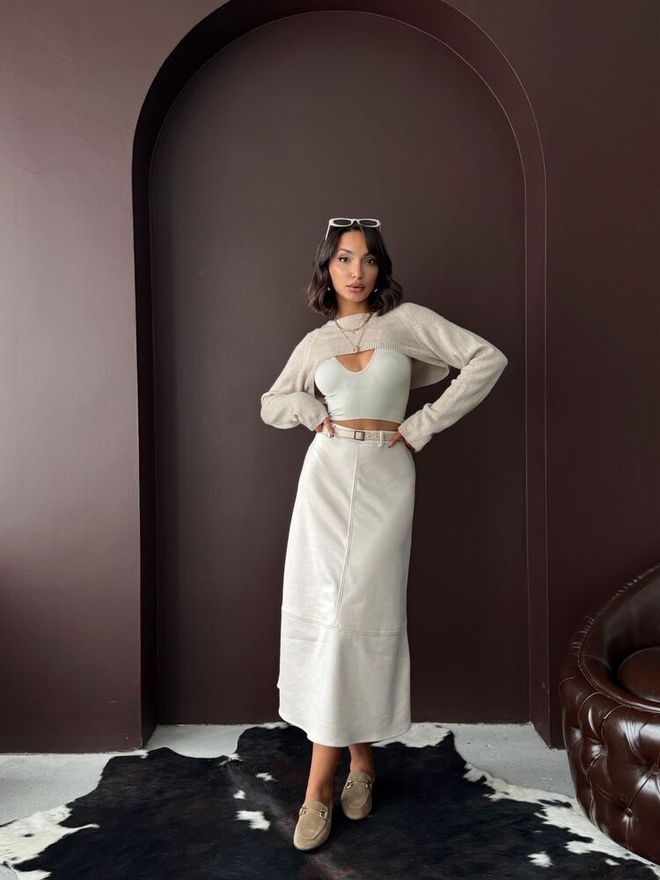 Topshow Beige Elegant Flared Midi High Waist Skirt Wholesale Clothing 1