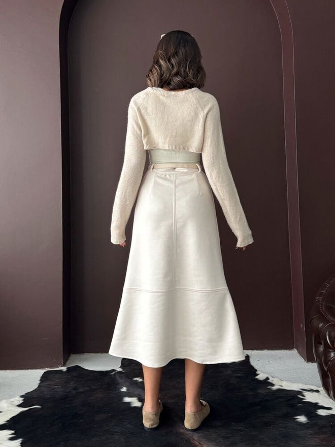 Topshow Beige Elegant Flared Midi High Waist Skirt Wholesale Clothing Formal