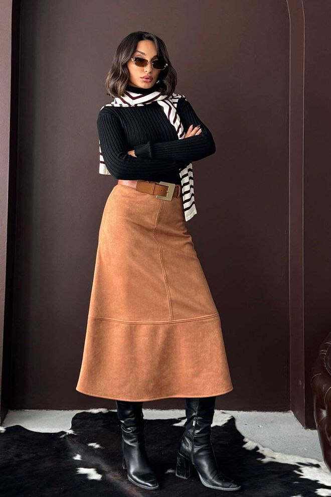 Topshow Καφέ Φούστα Flared Midi Ψηλόμεση Με Pull On Κλείσιμο Χονδρικό εμπόριο ενδυμάτων Απλό