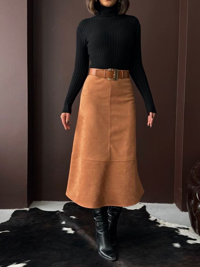 Topshow Brown Flared Midi Skirt High Waist Pull On Wholesale Clothing Lounge